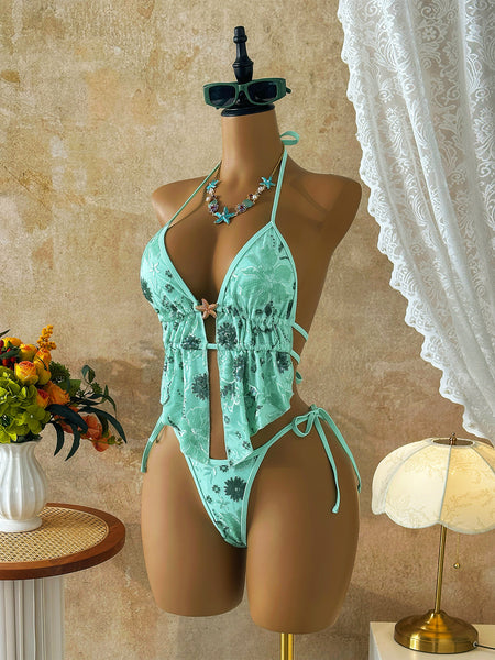 Aqua Blue Floral Halter Bikini Set