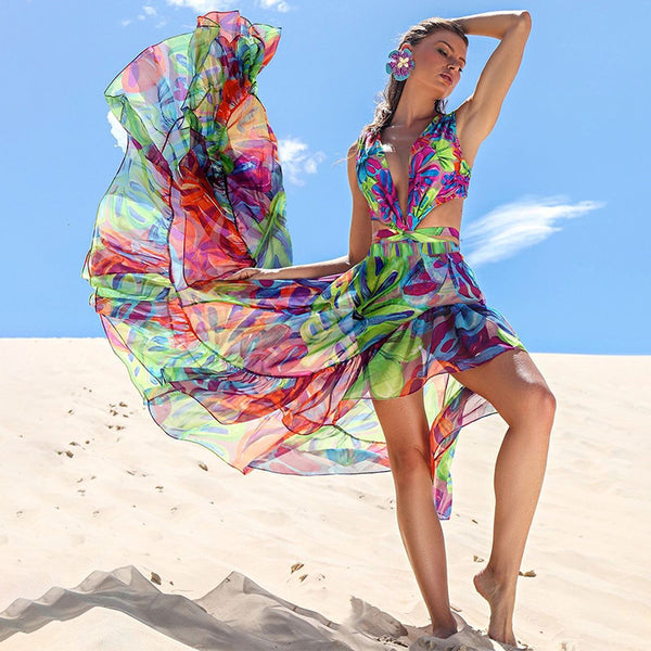 Multicolor Floral Deep V One Piece Swimsuit With Beach Skirt