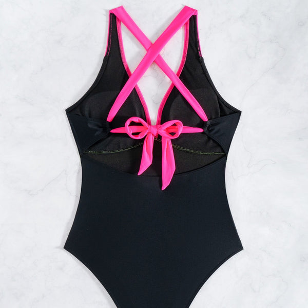 Color Block Halter Tummy Control One-Piece Swimsuit Black