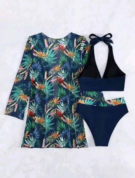 Swim Tropical Print Halter Bikini Swimsuit With Kimono Navy Blue