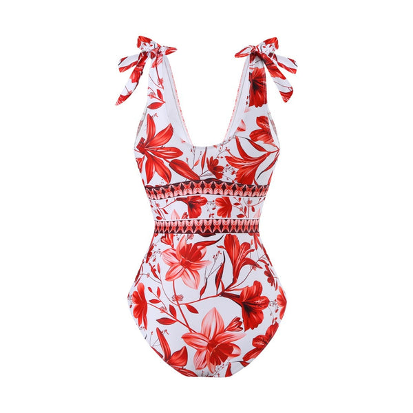 Red Floral One Piece Swimsuit With Maxi Cover Up