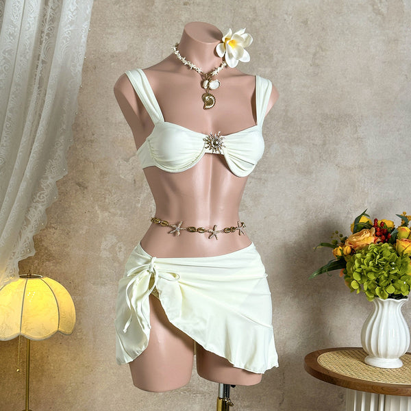 White Solid Underwire Bikini Set With Beach Skirt