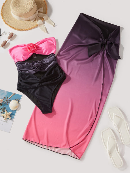 Pink Gradient One Piece Swimsuit With Sarong