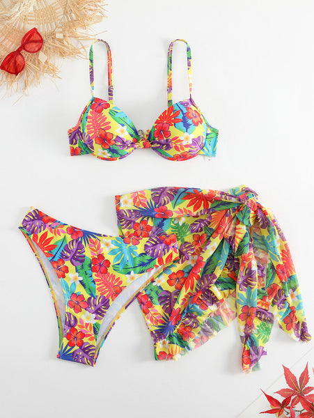 Tropical Print Push Up Bikini Swimsuit With Beach Skirt
