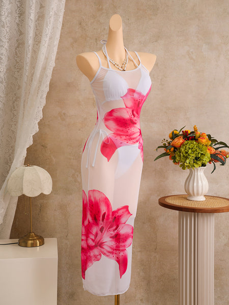 White Tropical Halter Bikini Set With Maxi Cover Up