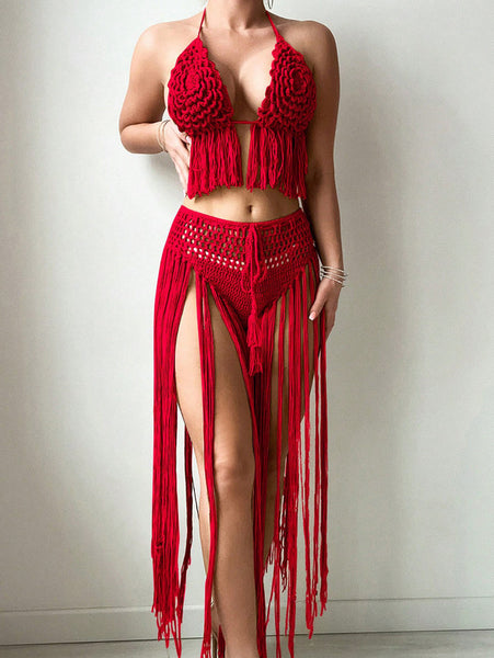 Red Solid Crochet Tassel Halter Top With High Waisted Skirt
