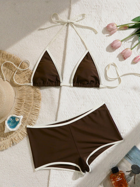 Dark Brown Solid Boyshort Bikini Set