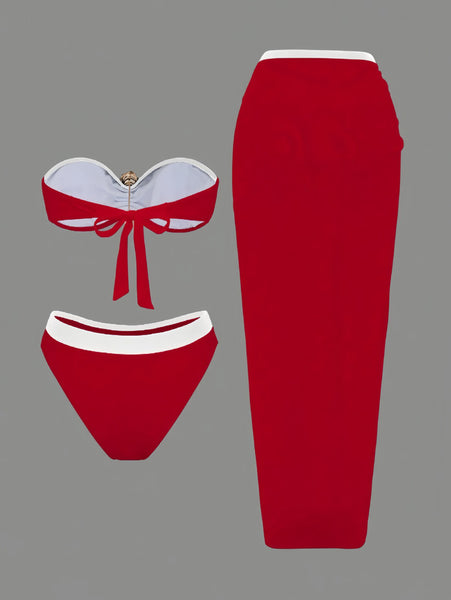 Red Solid Bikini Set Beach Skirt