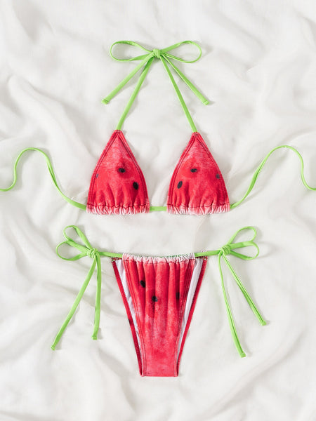 Pink Fruit Print Halter Bikini Set