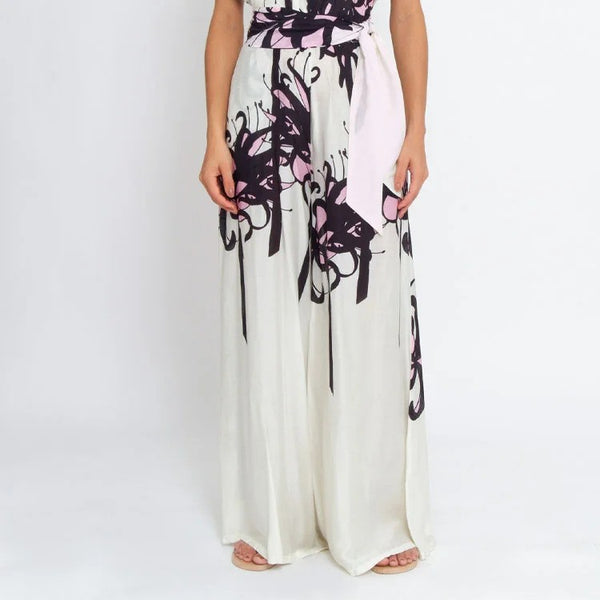 White Abstract One Shoulder One Piece Swimsuit With Beach Pants