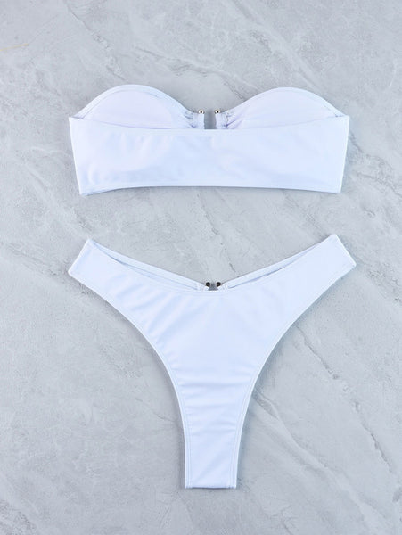 Solid Strapless Front Hook Two Piece Bikini White