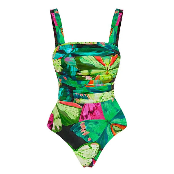 Green Tropical Tummy Control Swimsuit With Beach Skirt