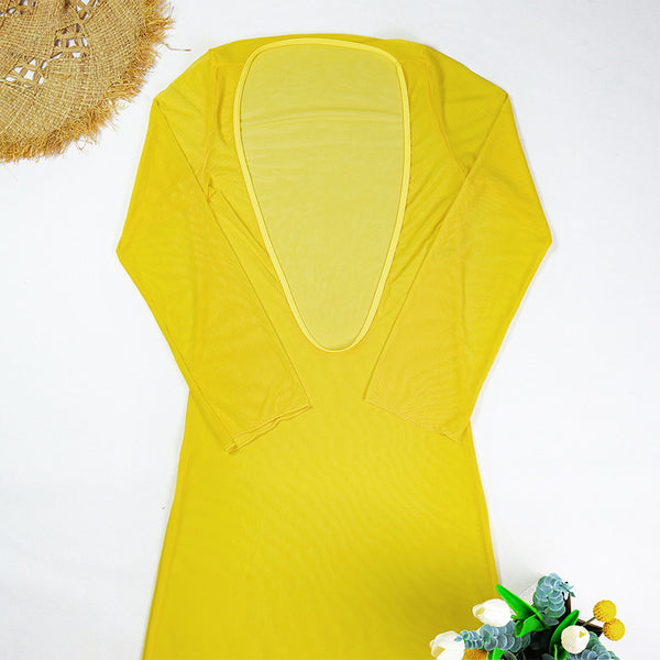 Solid Straps less Bikini Set Swimsuit With Cover Up Yellow
