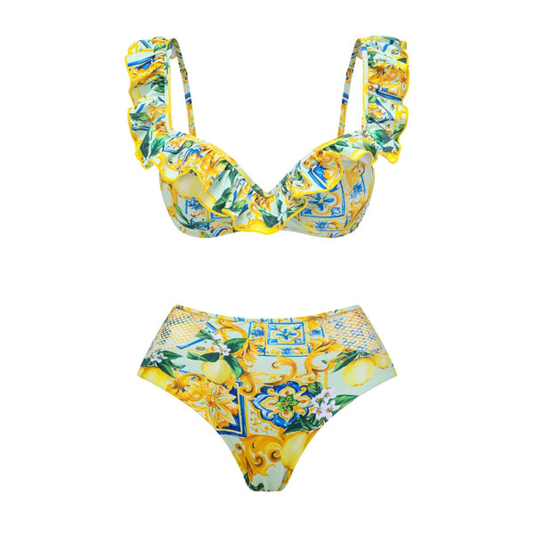 Yellow Fruit Print Underwire Bikini Set With Sarong