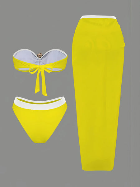 Yellow Solid Bikini Set Beach Skirt