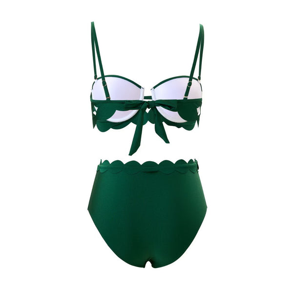 Green Solid High Waisted Bikini Set With Beach Skirt