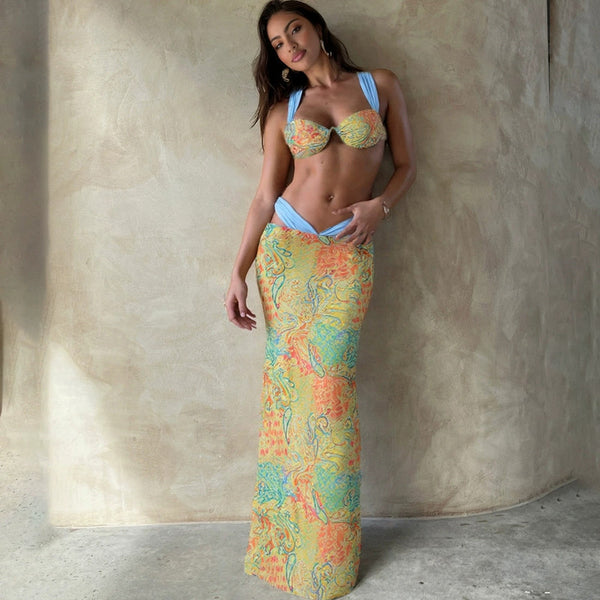 Multicolor Paisley Brazilian Bikini Set With Beach Skirt Without Pads