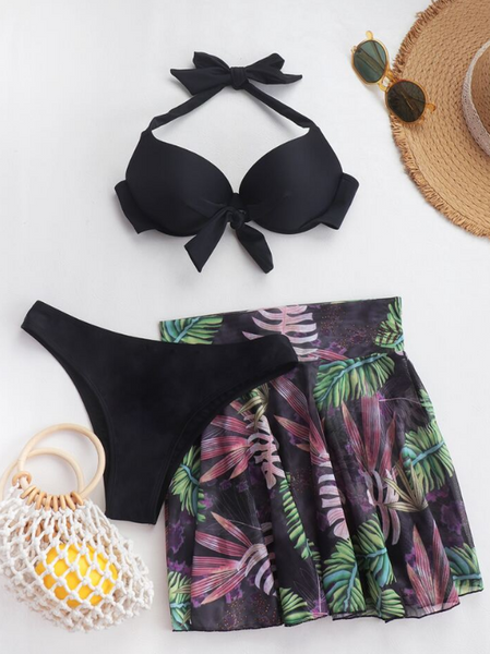 Black Knot Push Up Bikini Swimsuit & Plant Print Beach Skirt