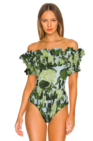 Green Tropical Off Shoulder One Piece Swimsuit With Beach Skirt