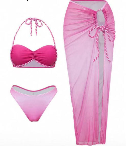 Pink Solid Halter Bikini Set With Sarong