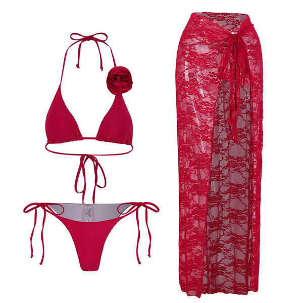 Solid Halter Neck Three Piece Bikini Swimsuit Flower Décor Maroon