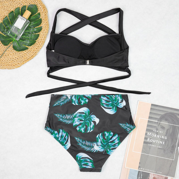 Black Tropical High Waisted Bikini Set