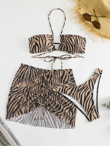 Swim 3pack Zebra Stripe Lace Up Bikini Swimsuit & Beach Skirt