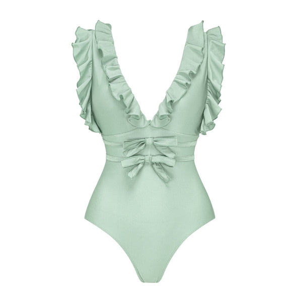 Light Green Solid Ruffle One Piece Swimsuit With Beach Skirt
