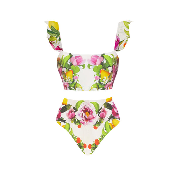 Flower Print Shoulder Straps Two Piece Swimsuit With Cover Up White