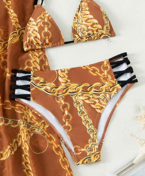 Chain Print 3pack Halter Triangle Bikini Swimsuit & Kimono Brown