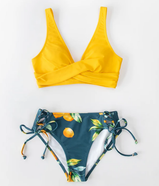 Summer Swimsuit Front Cross Lace Up Two Piece Bikini Yellow