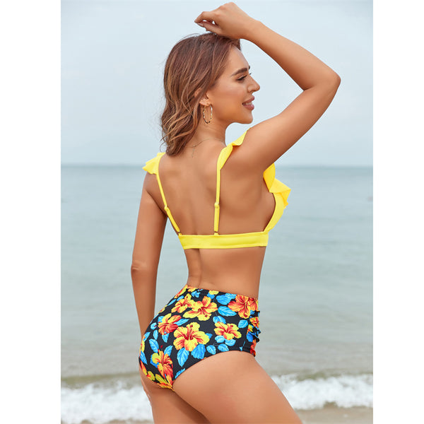 Tropical Print V Neck Ruffle Trim High Cut Two Pieces Swimsuit Yellow