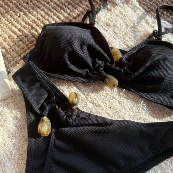 Solid Spaghetti Straps Front Side Metal Hook Bikini Swimsuit Black