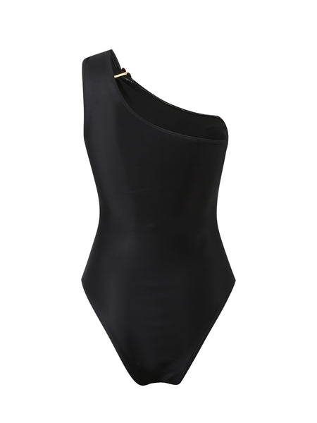 Black Floral One Shoulder One Piece Swimsuit With Sarong