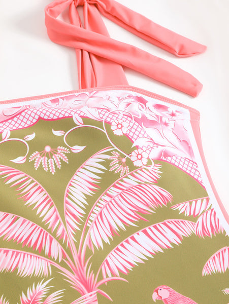 Tropical Print One-Piece Swimsuit Set with Skirt Pink