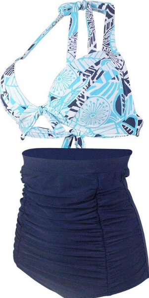 High Waist Halter Bikinis Swimsuit Blue