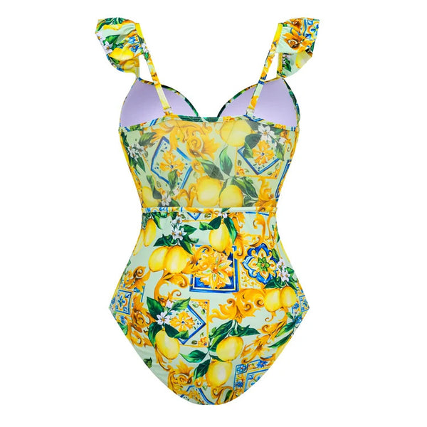 Yellow Fruit Print Underwire One Piece Swimsuit With Sarong
