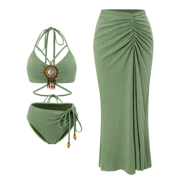 Green Solid Halter Bikini Set With Beach Skirt
