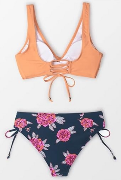 Summer Swimsuit Front Cross Lace Up Two Piece Bikini Orange