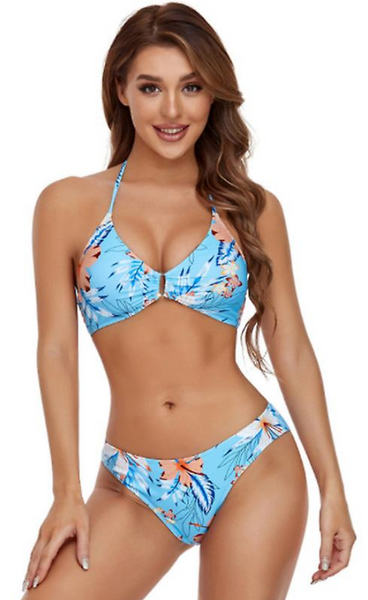 Floral Bikini Set with Swimsuit Cover Up in Blue