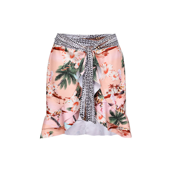 Light Pink Tropical Underwire Bikini Set With Sarong Beach Skirt