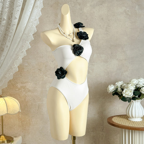 White Solid One Shoulder One Piece Swimsuit