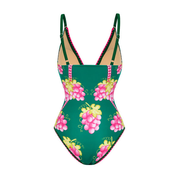 Green Fruit Print Deep V One-Piece Swimsuit With Beach Skirt