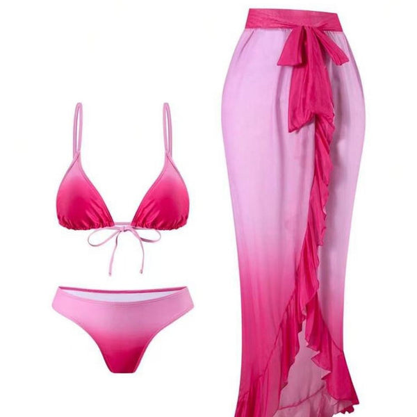Pink Solid Triangle Bikini Set with Sarong