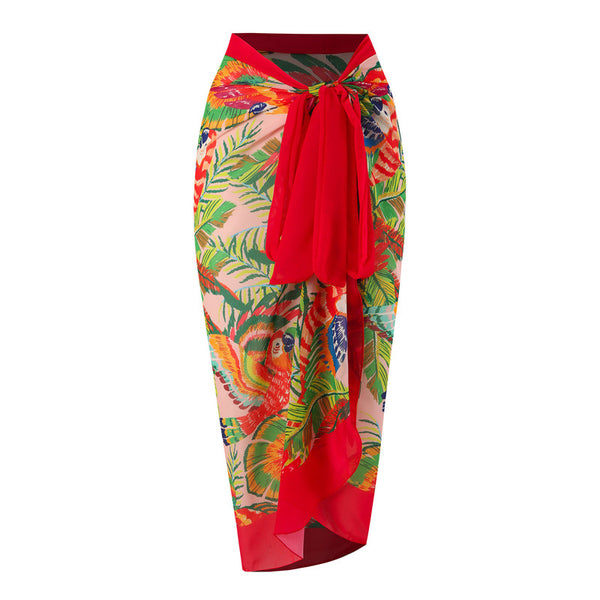 Red Tropical One Shoulder One Piece Swimsuit With Sarong