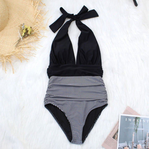 Plunge V Neck Colorblock Black One-piece Swimsuit