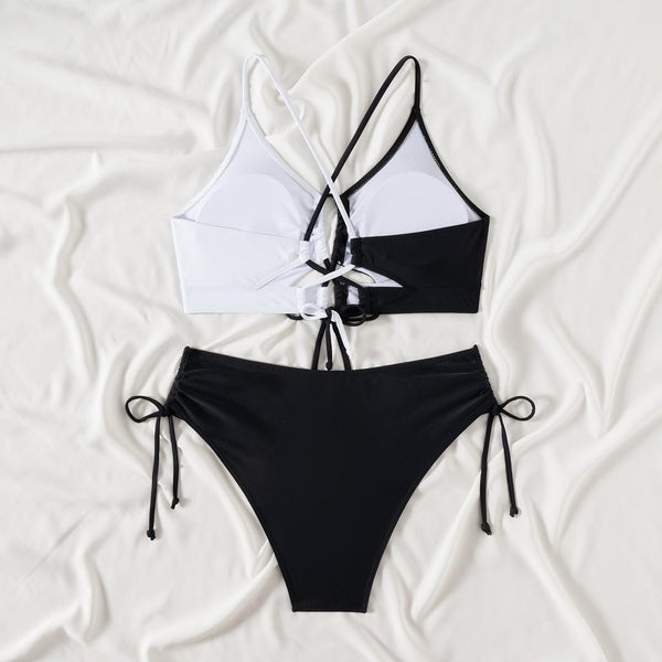 Black Colorblock Tie Front Bikini Set