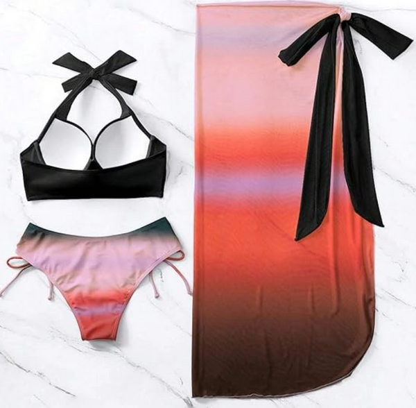 Ombre Bikini Set Halter Push Up Bra and Bikini Bottom with Beach Skirt 3 Piece Swimsuit Black