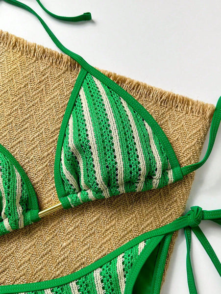 Green Stripes Triangle Bikini Set With Beach Pants