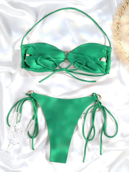 Green Solid Tie Side Bikini Set